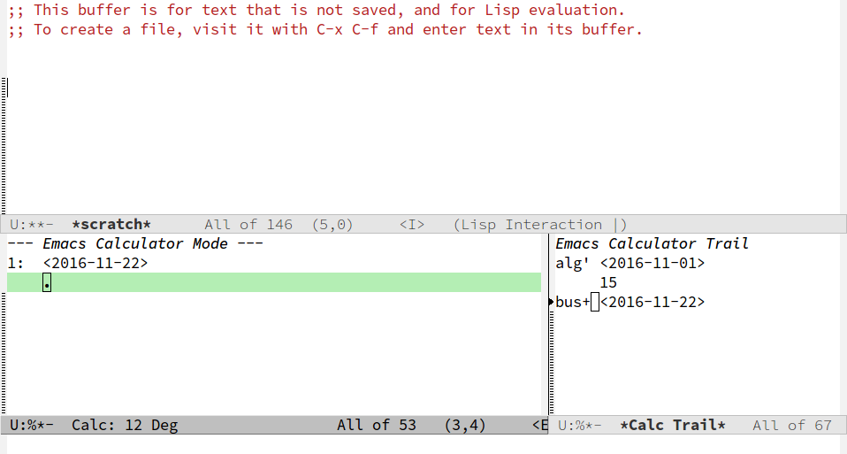 Screenshot of Emacs calc buffer after computing the business day offset.