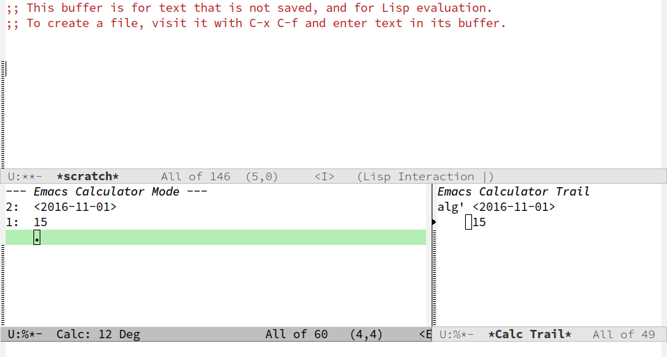 Screenshot of Emacs calc buffer with only data entered.