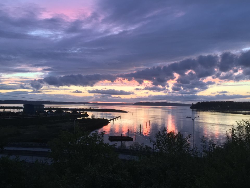 Photo of the Puget Sound and Everett marina at sunset