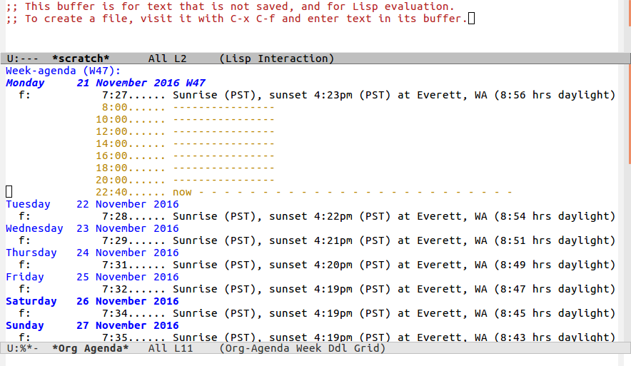 Screenshot of Emacs showing sunrise and sunset times in an agenda buffer.